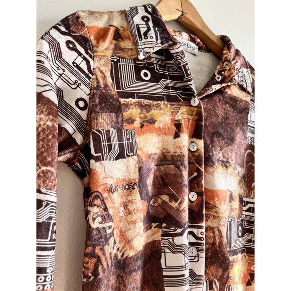 Vintage 90s Bebe Velour Cyber Grunge Top | Bronze Circuit Print | XS/S - Picture 8 of 8